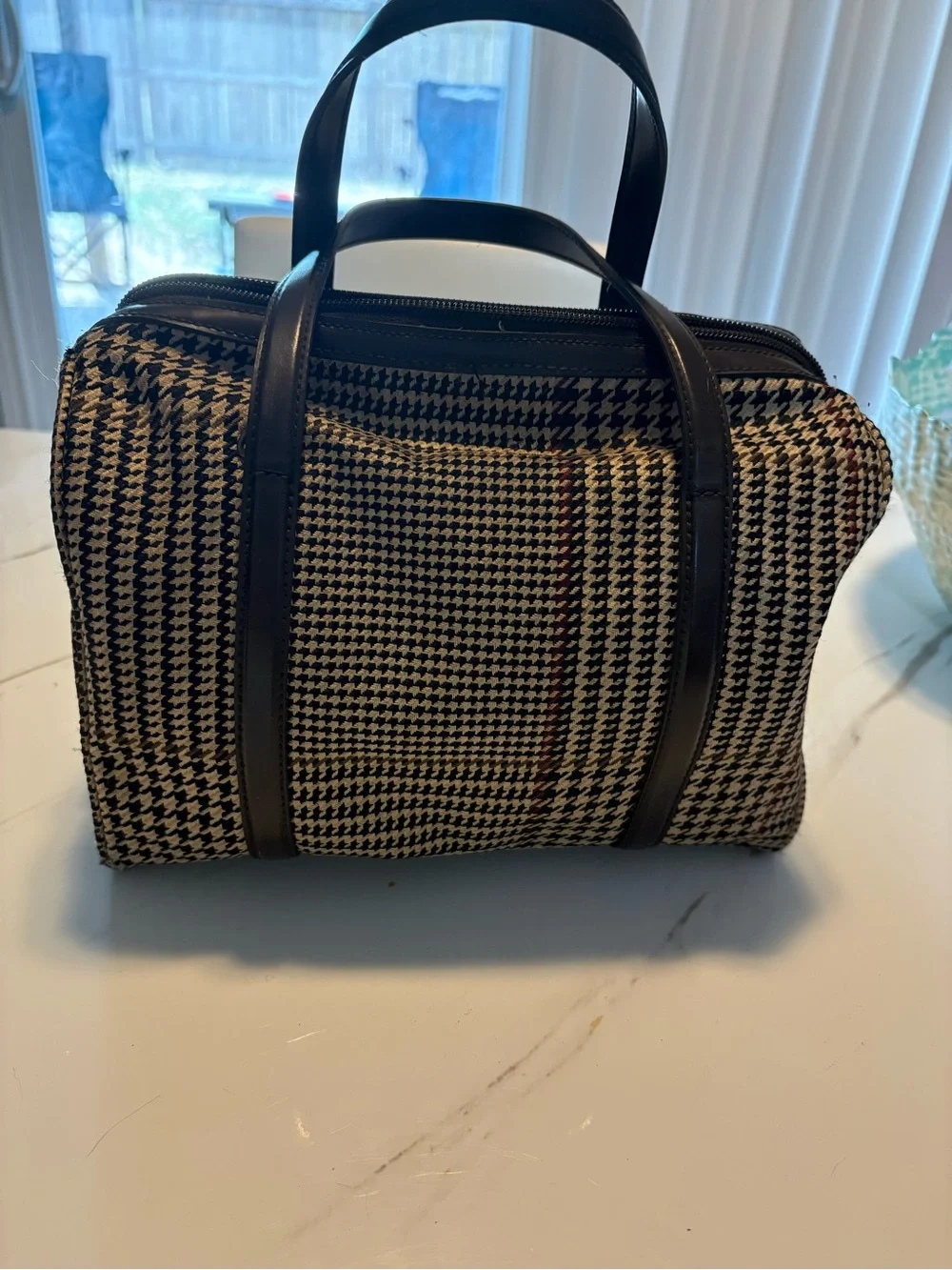 Ralph Lauren Black and Cream Houndstooth Satchel with Leather Trim
